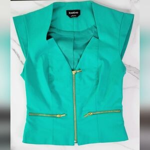 Bebe Structured V-Neck Vest Top With Gold Zippers & Functional Pockets - SIZE 0